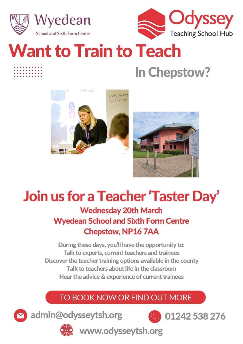 DrJulieSmith (@wyedean_cpd) on Twitter photo Are you interested in a career in teaching?
On our Teacher Taster Days, you'll have the opportunity to explore how to get into teaching, the routes available and how to apply for training in Gloucestershire.
Book by emailing admin@odysseytsh.org <a href="/WyedeanSchool/">Wyedean School & Sixth form centre</a> <a href="/OdysseyTSHub/">Odyssey Teaching School Hub</a> Are you interested in a career in teaching?
On our Teacher Taster Days, you'll have the opportunity to explore how to get into teaching, the routes available and how to apply for training in Gloucestershire.
Book by emailing admin@odysseytsh.org <a href="/WyedeanSchool/">Wyedean School & Sixth form centre</a> <a href="/OdysseyTSHub/">Odyssey Teaching School Hub</a>