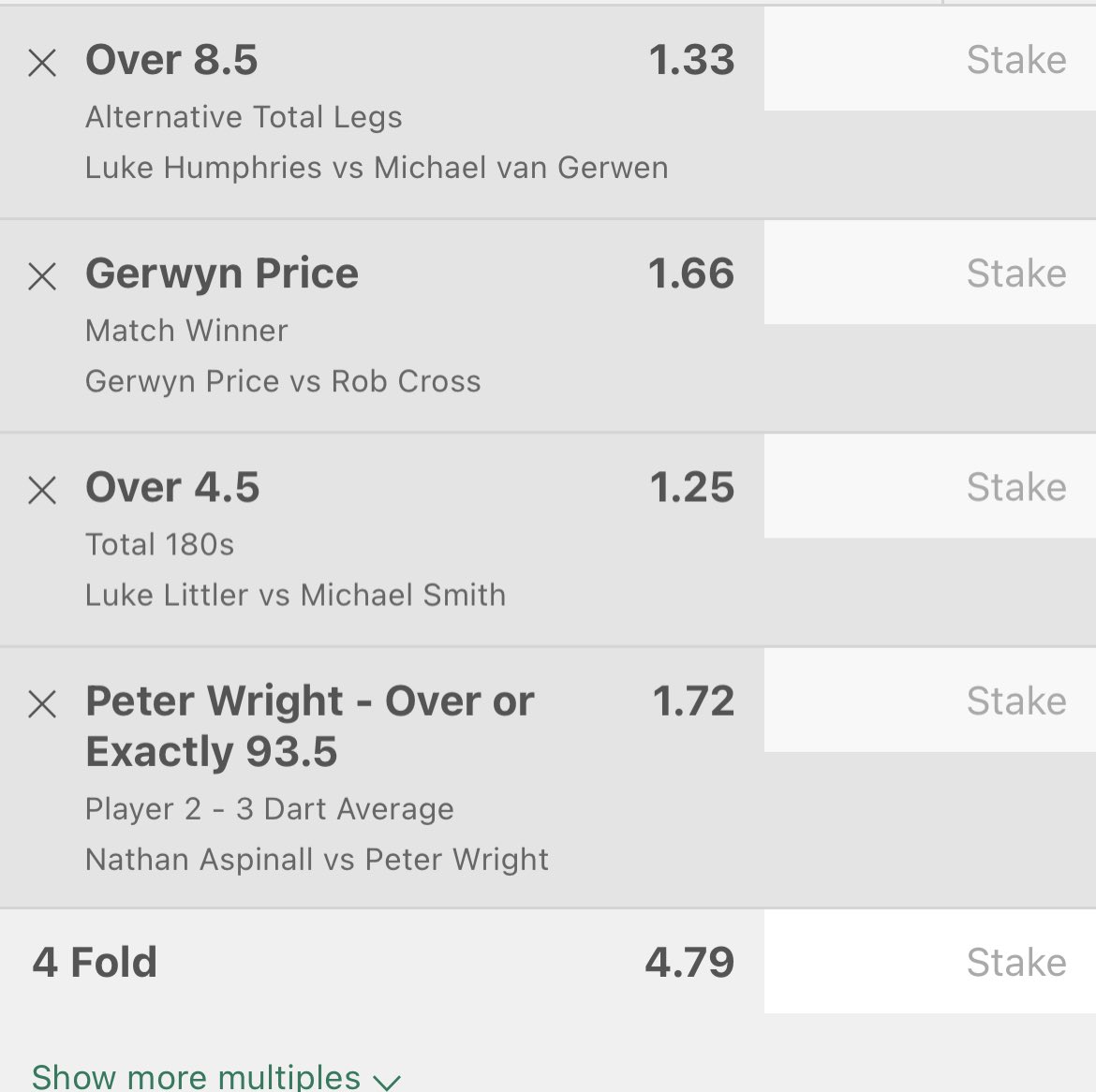 TiptonTipster's tweet image. ⭐️ ⭐️ ⭐️ Premier League Thursdays kicking off with a mix acca 4 fold 🎯 #PremierLeagueDarts #DartsTips