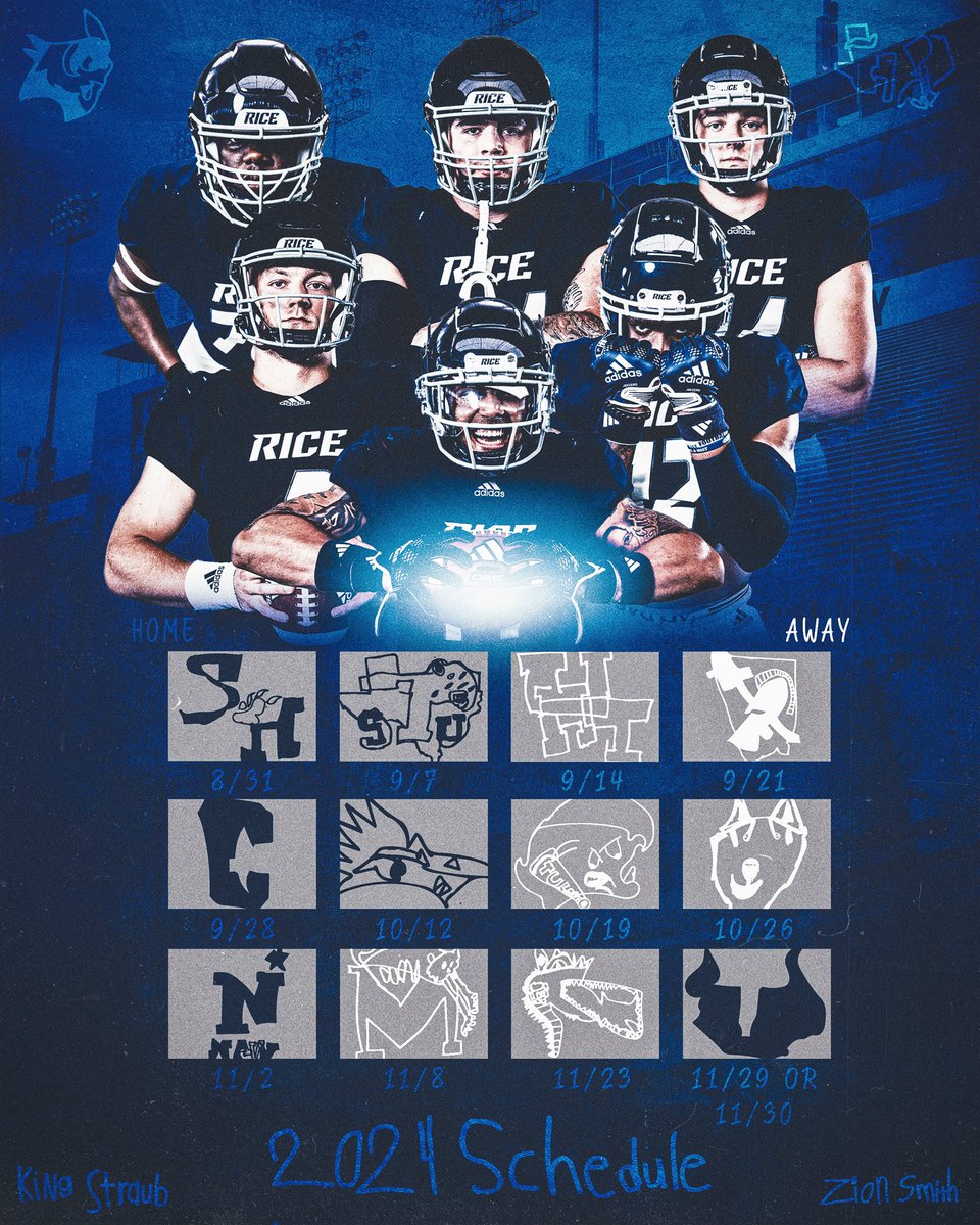 Rice Football (@ricefootball) on Twitter photo Our 2024 Schedule Drawn by King Straub & Zion Smith 🏈
#GoOwls👐 x #RFND Our 2024 Schedule Drawn by King Straub & Zion Smith 🏈
#GoOwls👐 x #RFND