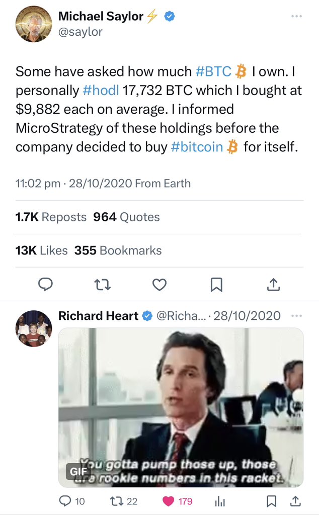BurnerBerny's tweet photo. Just came across this old interaction between @saylor and @RichardHeartWin regarding #Bitcoin. Really makes you wonder just how much our man RH has https://t.co/s0kTDHonKz