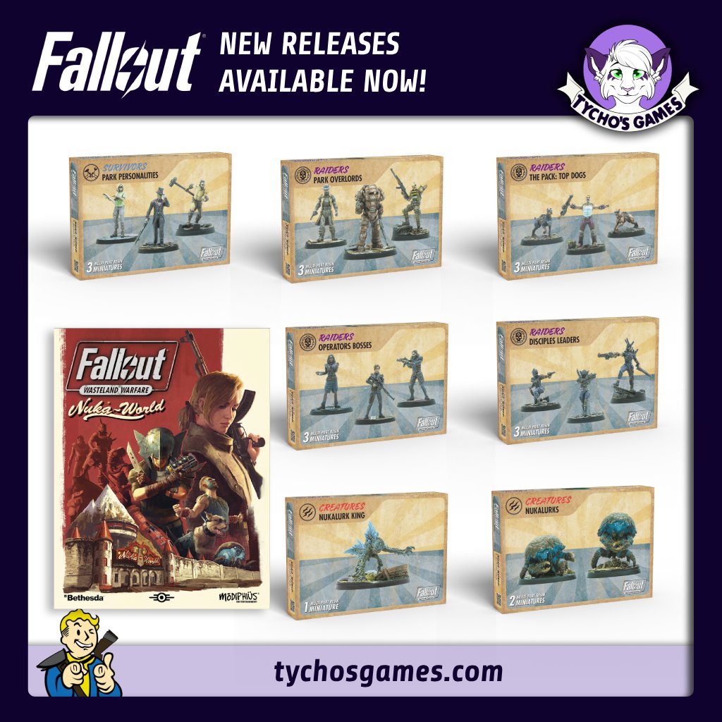 Not so new now but still fairly recent. We have a selection of Wasteland Warfare minis available with a Nukaworld theme. These are also compatible with the upcoming new Fallout Factions range.

Find them here: tychosgames.com/collections/fa…

#FalloutFactions #Fallout #Modiphius #minis