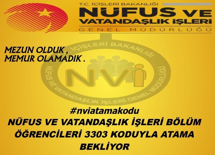 "Nüfus ve Vatandaşlık" bölümü mezunları olarak hakettigimiz yerde olmak istiyoruz.!  #nviatamakodu  <a href="/AliYerlikaya/">Ali Yerlikaya</a>  <a href="/itasyapan/">İbrahim Taşyapan</a>  <a href="/yusufyazgan37/">Yusuf YAZGAN</a>  <a href="/TCNufus/">Nüfus ve Vatandaşlık İşleri Genel Müdürlüğü</a>  <a href="/MemurSenKonf/">Memur-Sen</a> <a href="/kamusen/">Kamu-Sen</a>  <a href="/KaanCetinbas/">Kaan Çetinbaş</a>