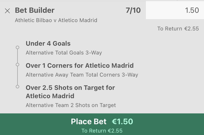 ⚽️ Atletico Madrid vs Atletico Bilbao

👉🏻16/16 of h2h have had less than 4 goals 

👉🏻Atletico Madeid have had over 1 corner in every away game this year 

👉🏻 Atletico madrid have had over 2.5 SOG in 11/11

Units in slip
