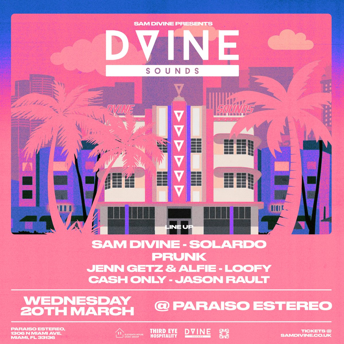 Buzzin to announce our Miami @DVineSounds lineup! We have an absolutely stacked lineup for you all this year and I am so honored to have @solardomusic, Prunk and more joining us! Text “DVINE” to +13039001309 for a chance to win 2 backstage passes. event.tixologi.com/5155