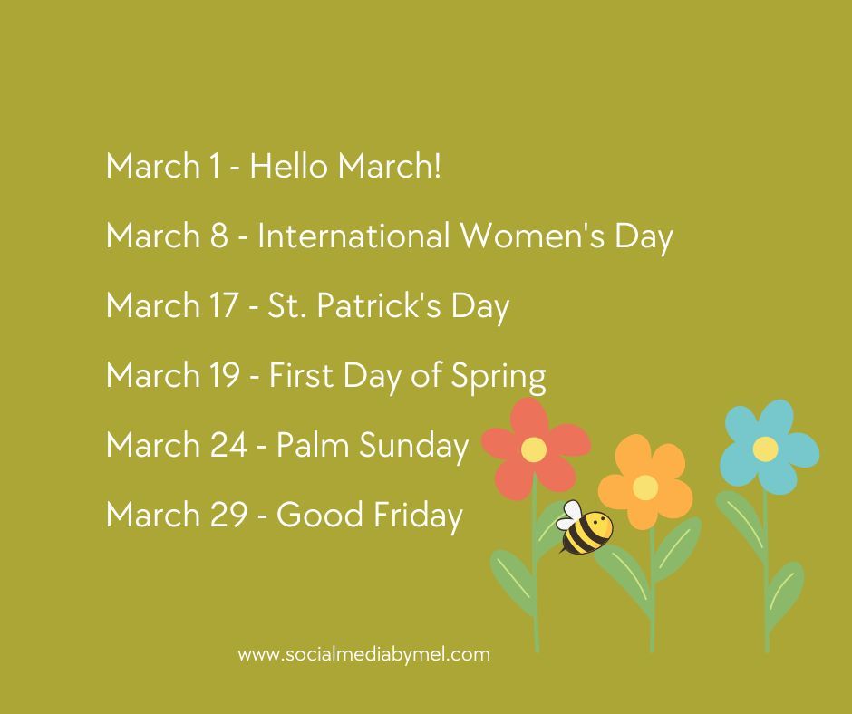 Ready to #Spring into creativity with your March #SocialMedia Content?  Make note of these #holidays & create posts for your #business.
Feeling overwhelmed with managing your #socialmediamarketing?
Schedule a consultation today  Call 281-701-9743.
#ContentIdeas #HelloMarch