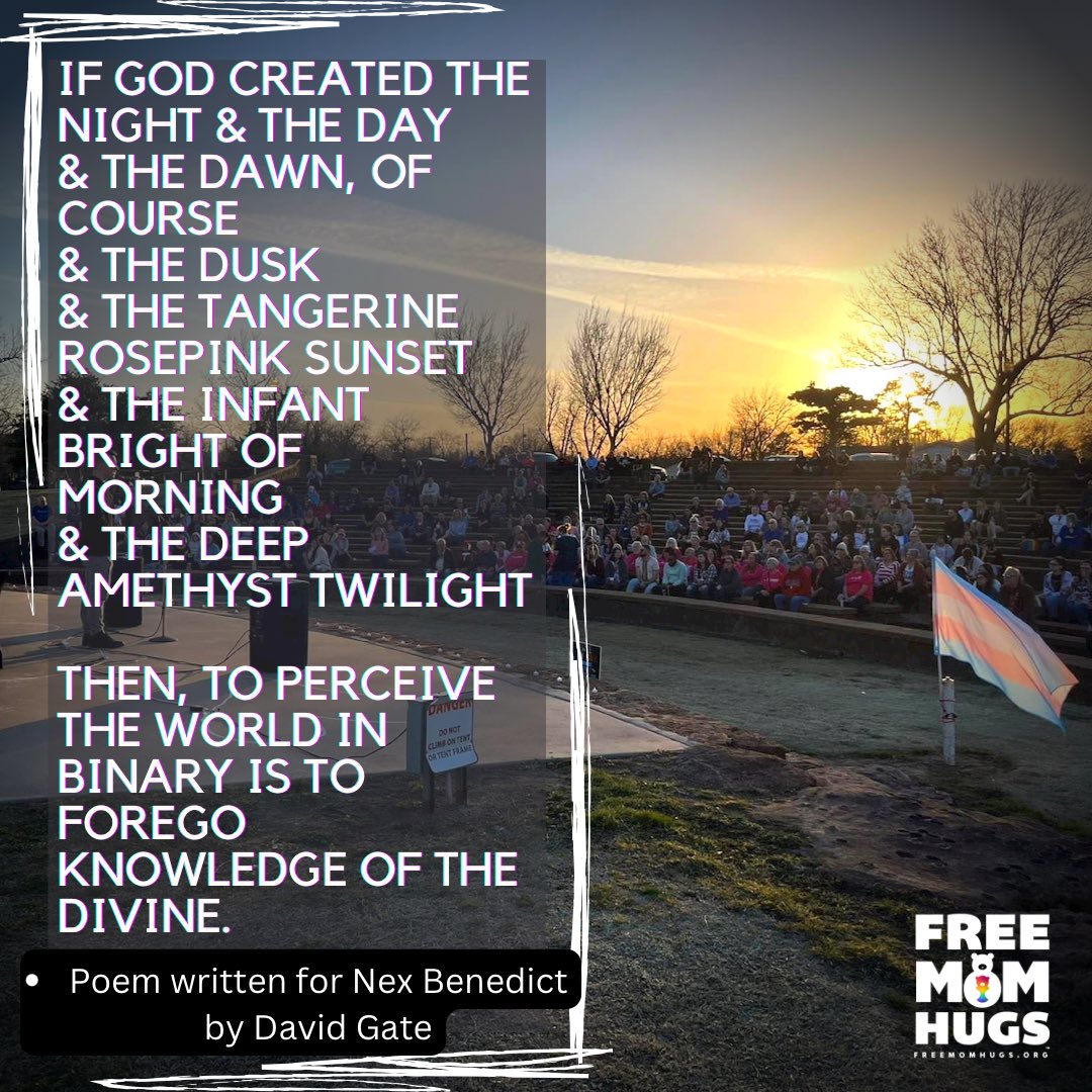 If God created the night & the day & the dawn, of course & the dusk & the tangerine rosepink sunset & the infant bright of morning & the deep amethyst twilight then to perceive the world in binary is to forego knowledge of the divine -Poem written for #NexBenedict by David Gate