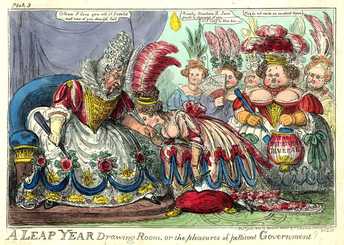 In this leapiest of years I have to wait until tomorrow to delight in the joys of Spring. Meanwhile, I’m redeeming the extra day trying to decipher Regency prints — such as this intriguing ‘LEAP YEAR Drawing Room’, featuring a very flamboyantly dressed George IV.