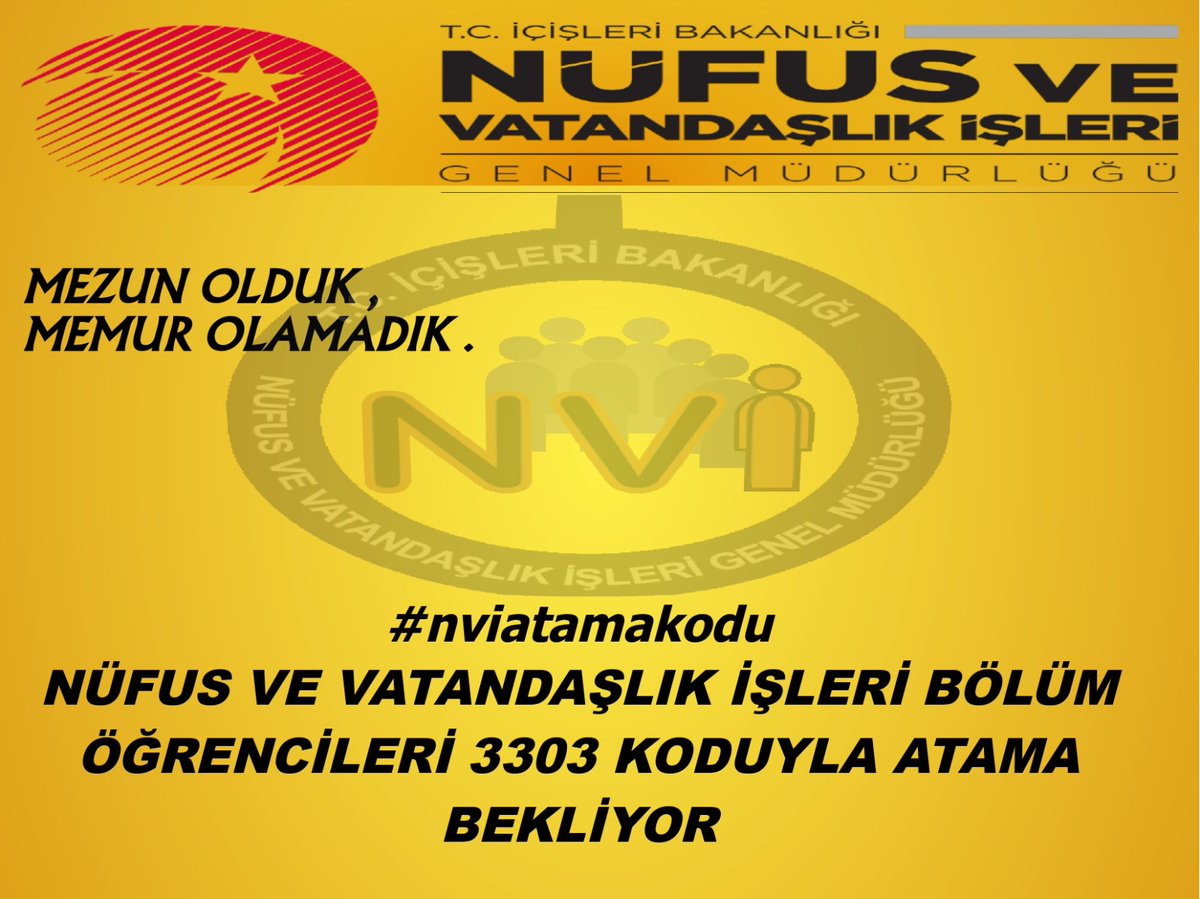 ‼️ Vakit tamam , 3303 nitelik kodumuz ile atama ilanı görmek istiyoruz.
#nviatamakodu 
<a href="/AliYerlikaya/">Ali Yerlikaya</a> 
<a href="/itasyapan/">İbrahim Taşyapan</a> 
@mehmetspinar23 
<a href="/TCNufus/">Nüfus ve Vatandaşlık İşleri Genel Müdürlüğü</a> 
<a href="/MemurSenKonf/">Memur-Sen</a> <a href="/kamusen/">Kamu-Sen</a> 
<a href="/KaanCetinbas/">Kaan Çetinbaş</a>
