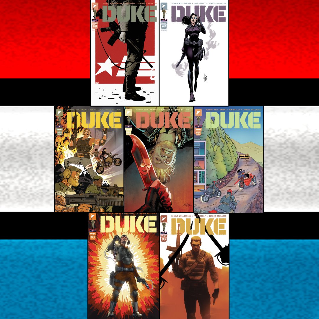 Now's your chance to read all the latest exploits of a Real American Hero! Pre-order the new printings of DUKE #1 & 2 (covers by @jfornes74 & @theJasonHoward)! Then lock in your DUKE #4 orders (covers by @tomreillyart, @AndreiBressan, @BoyCartoonist, @Muaadib & @BenOliverArt)!