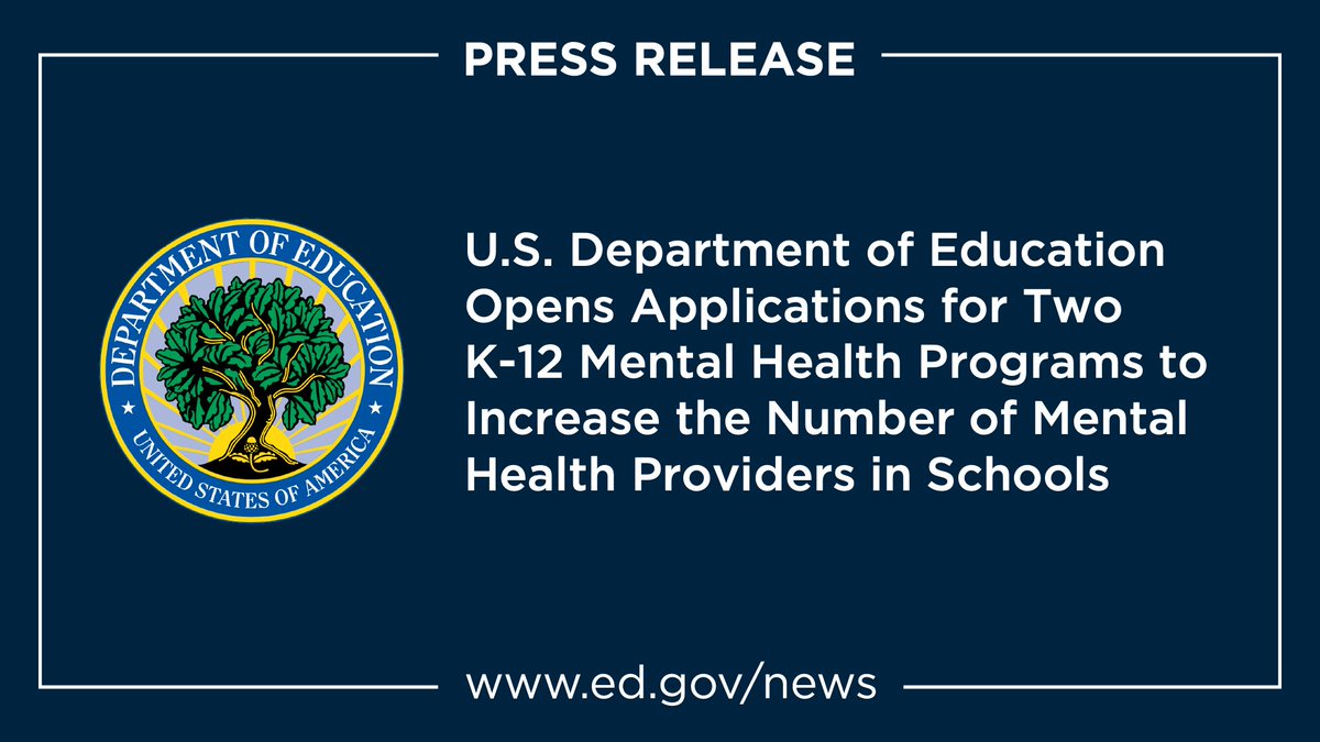 Applications are now open for ED's School-Based Mental Health &amp; Mental Health Service Professional Demonstration grant competitions to:

✅ Increase the number of mental health professionals in schools 
✅ Expand student access to mental health supports

ed.gov/news/press-rel…