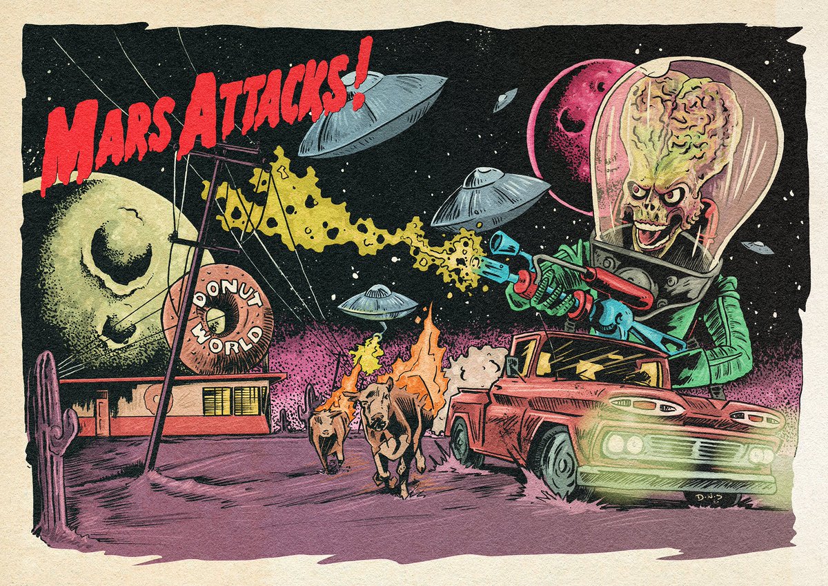portless's tweet image. all done very happy i am too #art #illustration #pulpart #pinup #movie #classicmovie #scfi #Marsattacks #retro #commissionsopen