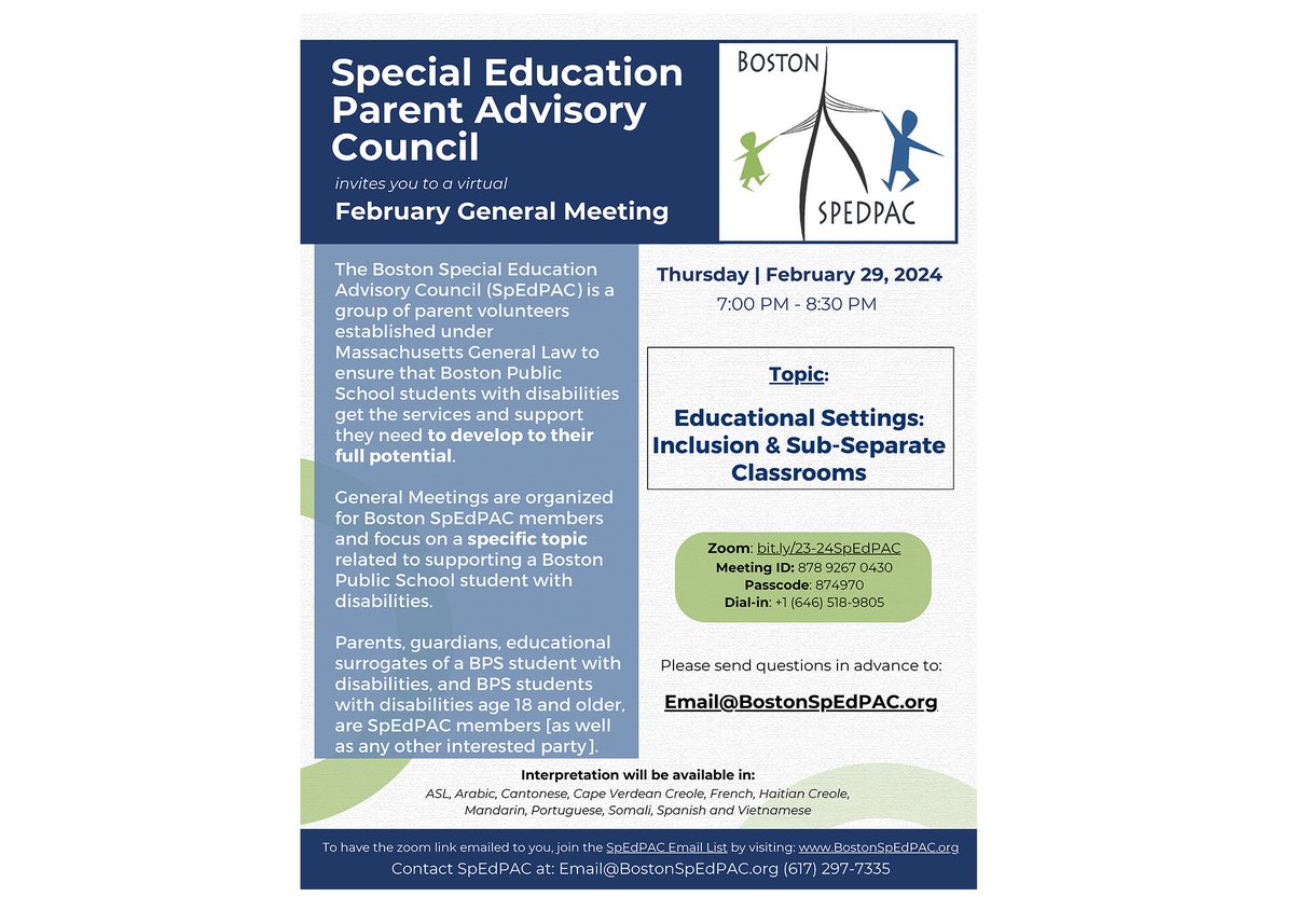 Boston SpedPac (@bostonspedpac) on Twitter photo You're invited! Tonight!
Meeting: Educational Settings: Inclusion & Sub-Separate Classrooms
Thurs. | 2/29 7 - 8:30 p
Translated flyers: bostonspedpac.org
Zoom: bit.ly/23-24SpEdPAC
Questions? bostonspedpac411@gmail.com You're invited! Tonight!
Meeting: Educational Settings: Inclusion & Sub-Separate Classrooms
Thurs. | 2/29 7 - 8:30 p
Translated flyers: bostonspedpac.org
Zoom: bit.ly/23-24SpEdPAC
Questions? bostonspedpac411@gmail.com