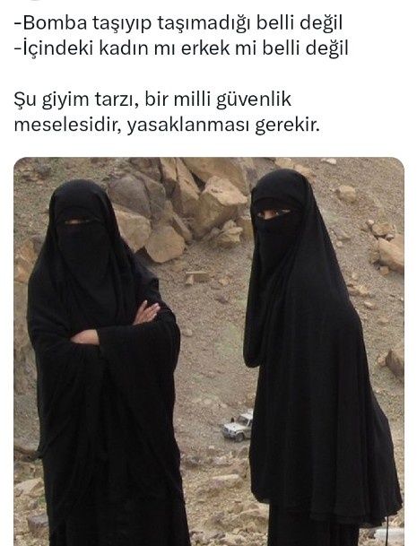 Montun altında bomba taşınabilir. Mont giymek yasaklansın.

Çantalarda bomba taşınabilir. Çanta taşımak yasaklansın.

Travestilerin kadın mı erkek mi olduğu belli değil. Travesti olmak yasaklansın.

Ateistlerin yahudi ajan olup olmadığı belli değil. Ateist olmak yasaklansın.
