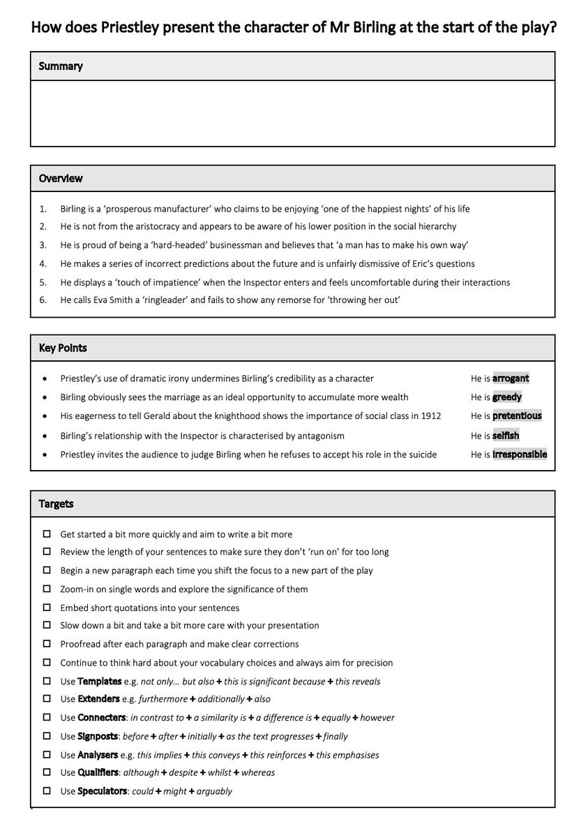 A simple feedback sheet for an essay on the presentation of Mr Birling in Act One of An Inspector Calls douglaswise.co.uk/blog/feedback-… 🔍