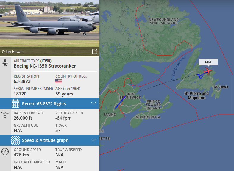 SirListenalot's tweet photo. #KC135 #AE014E #MOLSN01 out of Bangor intends to hold over N4934W05238 in the block FL250-270. (Canadian #F18's?) #VIMY11 received the N50W050 estimate of #B1's #CRUDE50, so likely an intercept 🙂 https://t.co/W0KmFTlm2j