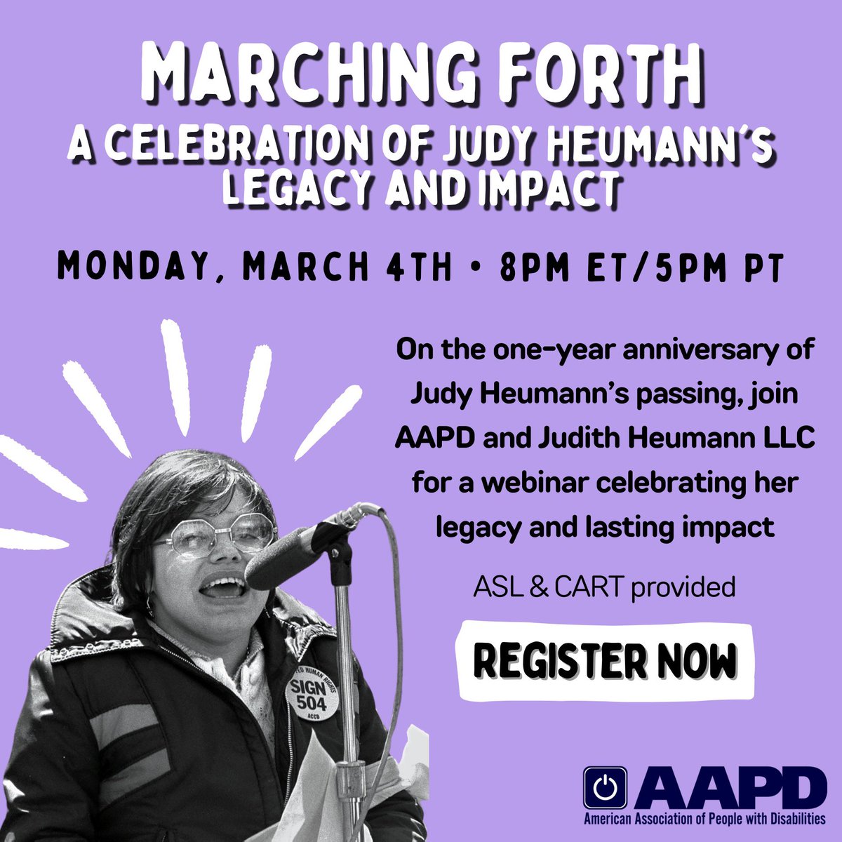 Webinar | Marching Forth: A Celebration of Judy Heumann’s Legacy and Impact will be on Monday, March 4, 2024 at 8:00pm EST.  ASL & CART will be provided. Registration is available at this link (us02web.zoom.us/webinar/regist…).   #JudyHeumann #disabilityrights #civilrights #activism