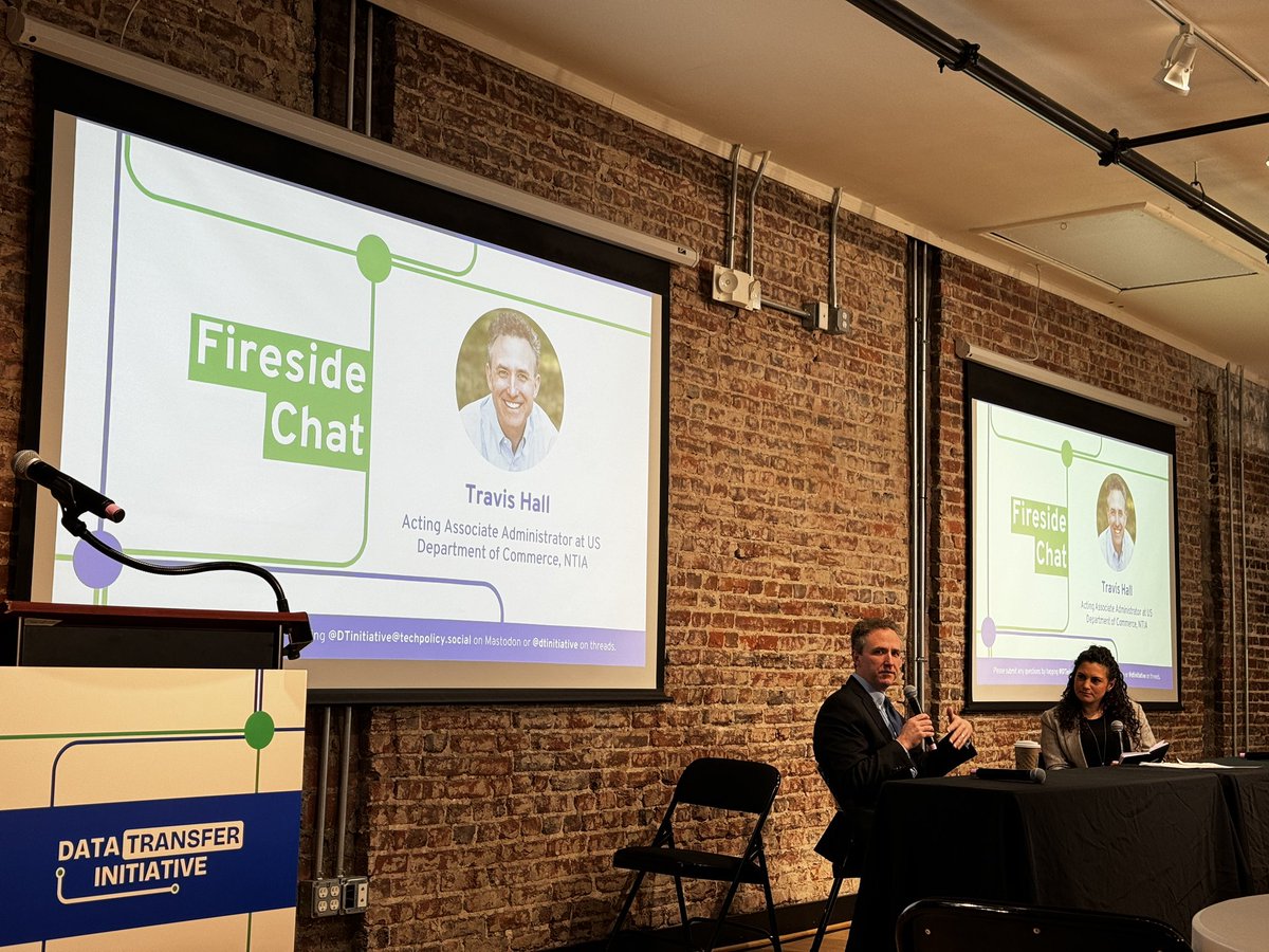The Data Transfer Initiative’s day-long Summit is in full swing, after a set of great industry and scholar panels, now just wrapped: @NTIAgov’s @travisrhall fireside chat with DTI’s Delara Derakhshani.