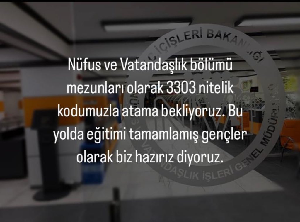 smgokce's tweet photo. Bölüm şartının konulması eğitimimizin karşılığıdır.3303 nitelik kodu ile Nüfus ve Vatandaşlık  bölümü mezunları nitelikli koduyla atama bekliyor. #nviatamakodu  @AliYerlikaya  @itasyapan  @yusufyazgan37  @TCNufus  @MemurSenKonf @kamusen  @KaanCetinbas https://t.co/Rhum7vyay5