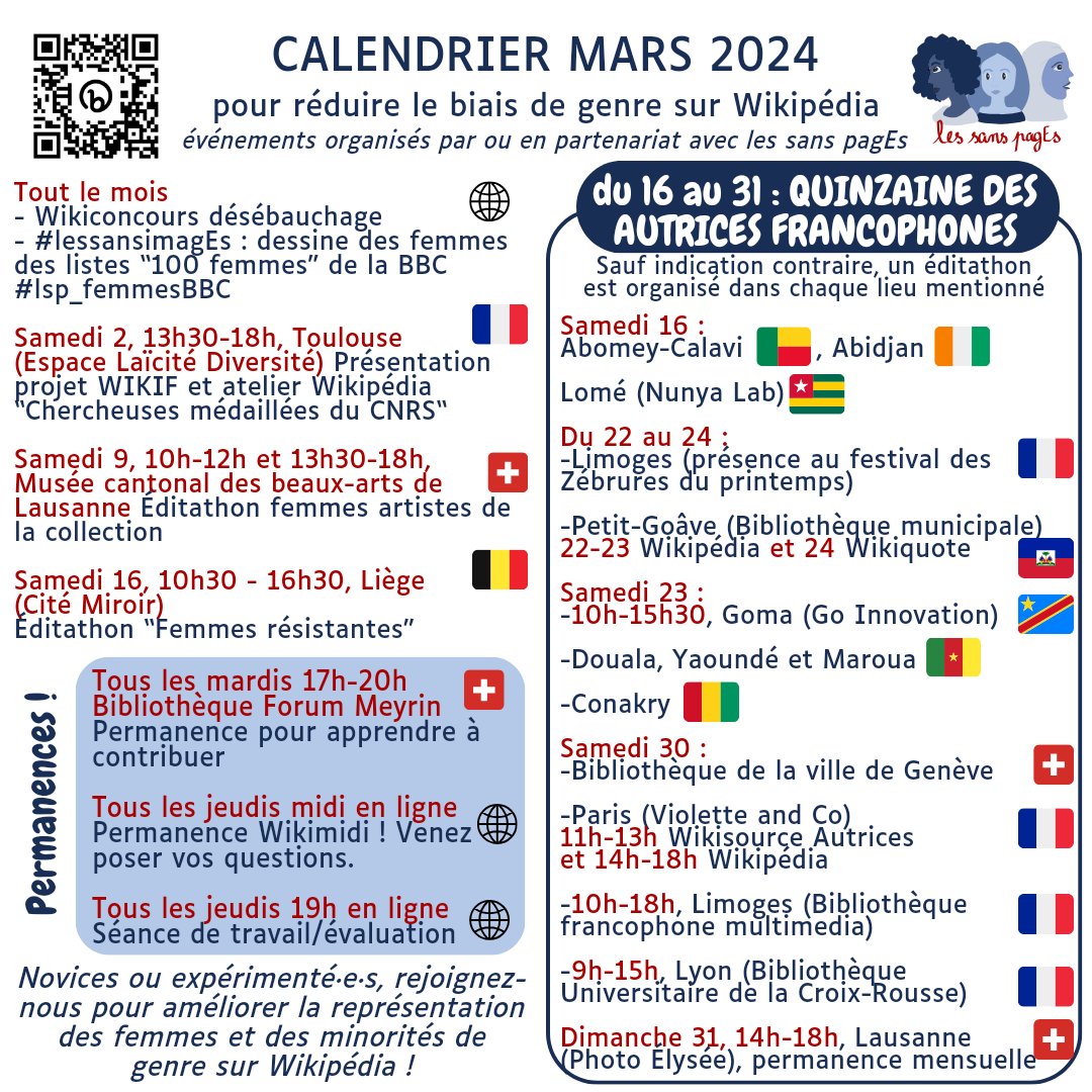 📢  📆 En mars on se démultiplie et on vous propose des ateliers sur 3 continents et dans 10 pays !

Venez améliorer la représentation des femmes et des minorités de genre sur <a href="/Wikipedia_fr/">Wikipédia en français</a>, <a href="/wikisource_fr/">Wikisource</a> et <a href="/frwikiquote/">Wikiquote, Français</a> !

Novices bienvenu•e•s !!

#wikipedia #BiaisDeGenre