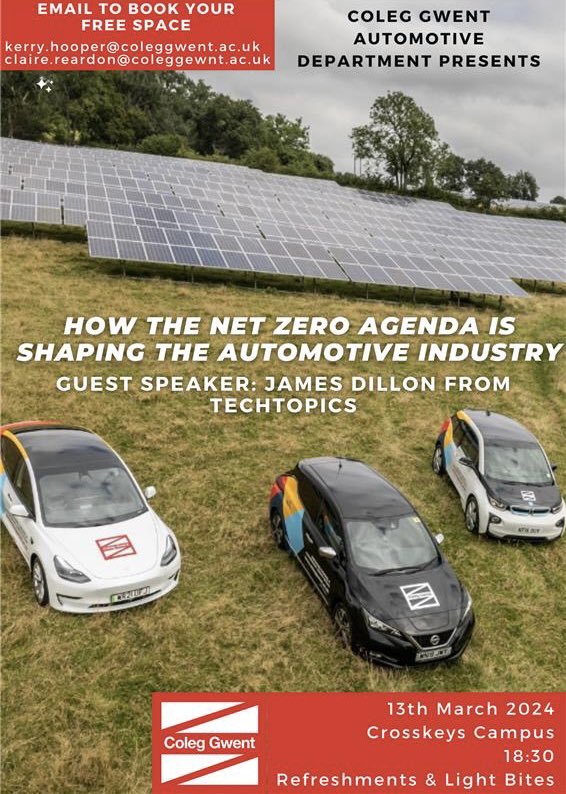 Come and join us at @coleggwent on the 13th March and learn about how you can prepare your automotive business and train your staff for the move to working on electric vehicles with guest speaker James Dillon @techtopics RSVP details below 👇🏻