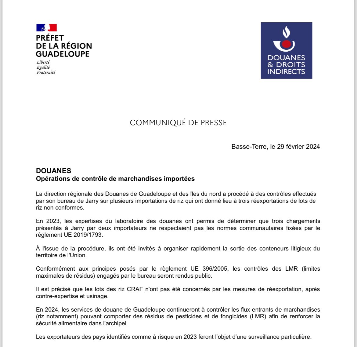 #Commerce 🔴🍚🔴 1/n 2 importateurs guadeloupéens contraints par @douane_france de réexpédier 40 tonnes de riz ( brun, origine 🇮🇳) non conforme aux normes européennes. Destination non précisée… @guadeloupela1e @CCIGuadeloupe