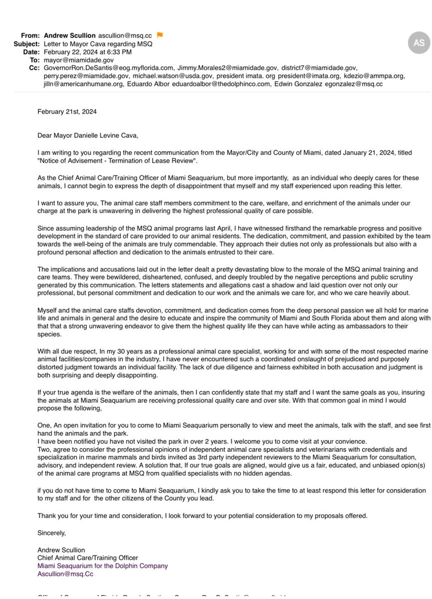 A letter was sent by Miami Seaquarium staff a week ago to Mayor Danielle Levine Cava, inviting her to come to the park for the first time in 2 years, to reassure about the animals' wellbeing, which she expressed main concerns about, based on information from the USDA. 
One week