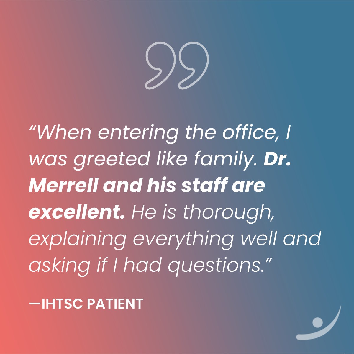 Thank you! We love hearing from patients about their experiences with our staff and doctors. Request an appointment with IHTSC → hubs.li/Q02hxPvg0