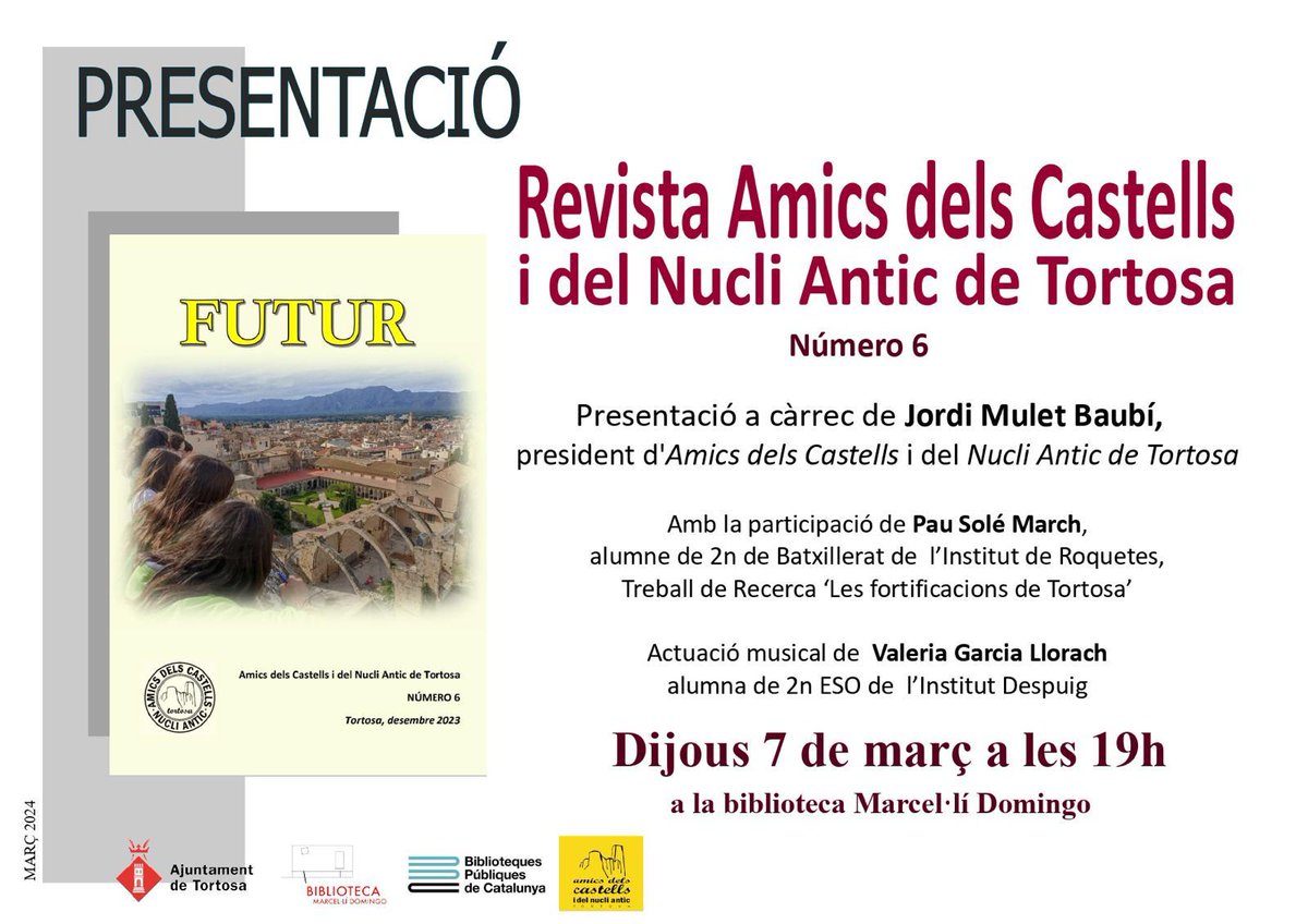 📣 Dijous vinent!! 

Presentació del darrer número de la nostra revista 'Futur' a les 19h a la @bibliotecamd .
#ushiesperem #moltesgràcies