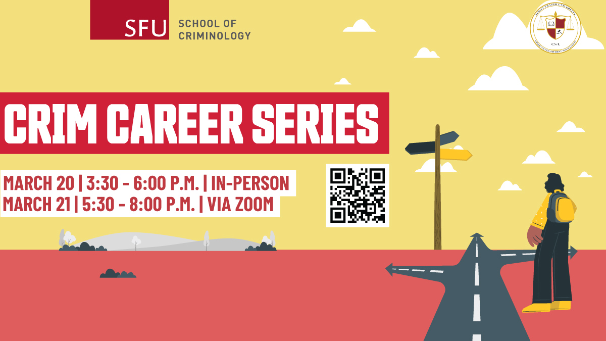The School of Criminology and <a href="/sfucsa/">Criminology Student Association</a> are hosting a Crim Career Series event on March 20th (in-person) &amp; March 21st (via Zoom). Don't miss this opportunity to explore different professions in criminology.

Register here or scan the QR code:
ow.ly/tRkN50QIZW5
#SFUCriminology
