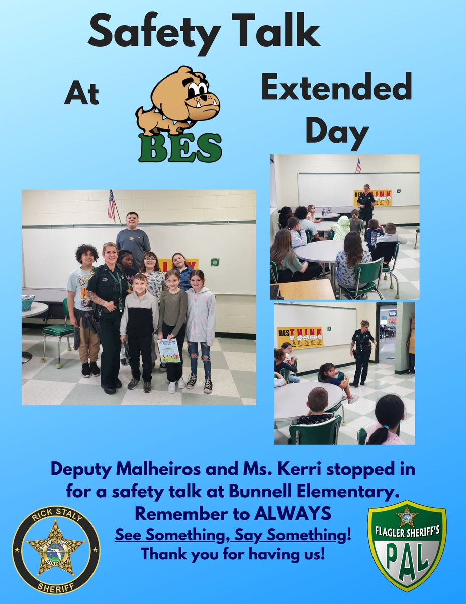 Thank you @BESBULLPUPS for having us! The Extended Day group was amazing! @FlaglerSheriff #SRD #Deputiesandkids #FSPAL #FCSO