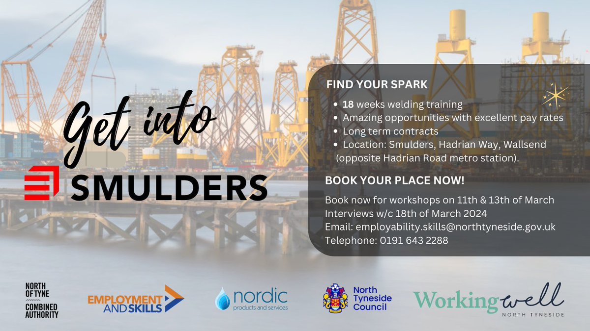 IT’S BACK ….. FIND YOUR SPARK!

Smulders Projects UK in Wallsend are offering unique new opportunities to gain employment as a trainee welder leading to an amazing career with excellent rates of pay.

Email: employability.skills@northtyneside.gov.uk