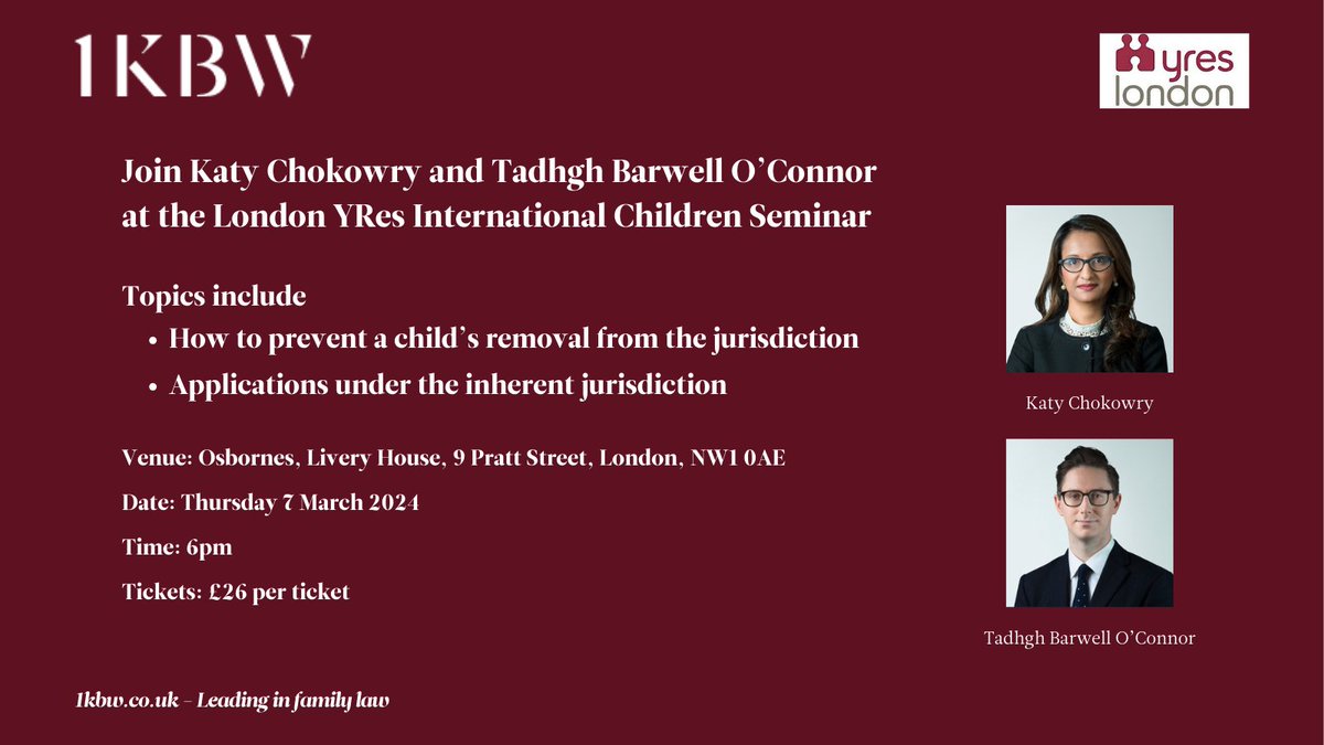 1KBW Chambers (@1kbwchambers) on Twitter photo Katy Chokowry and <a href="/TadhghBOC/">Tadhgh Barwell O’Connor</a> of <a href="/1kbwChambers/">1KBW Chambers</a> will be speaking at the next <a href="/YResLondon/">YResLondon</a> in-person seminar on Thursday 7 March 2024, 6pm. YRes members can register and secure a ticket via this link: https://…esChildrenLawSeminar.eventbrite.co.uk Katy Chokowry and <a href="/TadhghBOC/">Tadhgh Barwell O’Connor</a> of <a href="/1kbwChambers/">1KBW Chambers</a> will be speaking at the next <a href="/YResLondon/">YResLondon</a> in-person seminar on Thursday 7 March 2024, 6pm. YRes members can register and secure a ticket via this link: https://…esChildrenLawSeminar.eventbrite.co.uk
