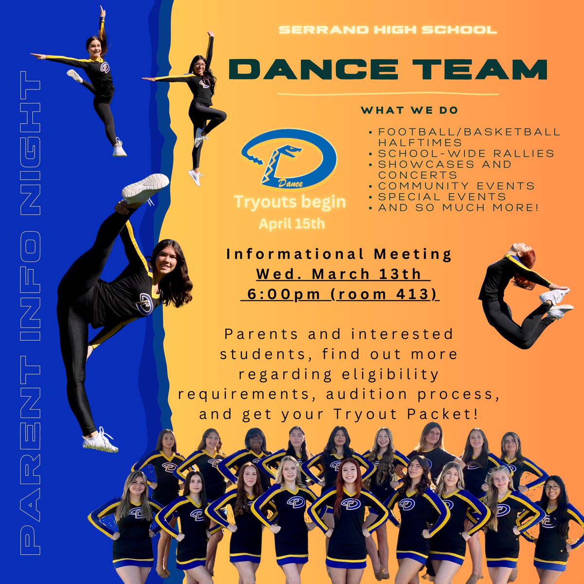 serranodance's tweet photo. ⭐️ATTENTION DANCERS⭐️ Serrano Dance Team Auditions for 2024-25 are coming up soon! Be sure to join us at our Parent/Student Info Night on March 13th- audition packets will be distributed at the meeting. @Serrano_Nation @MesaPinon @qvmscougars https://t.co/xYQWP4Evnp