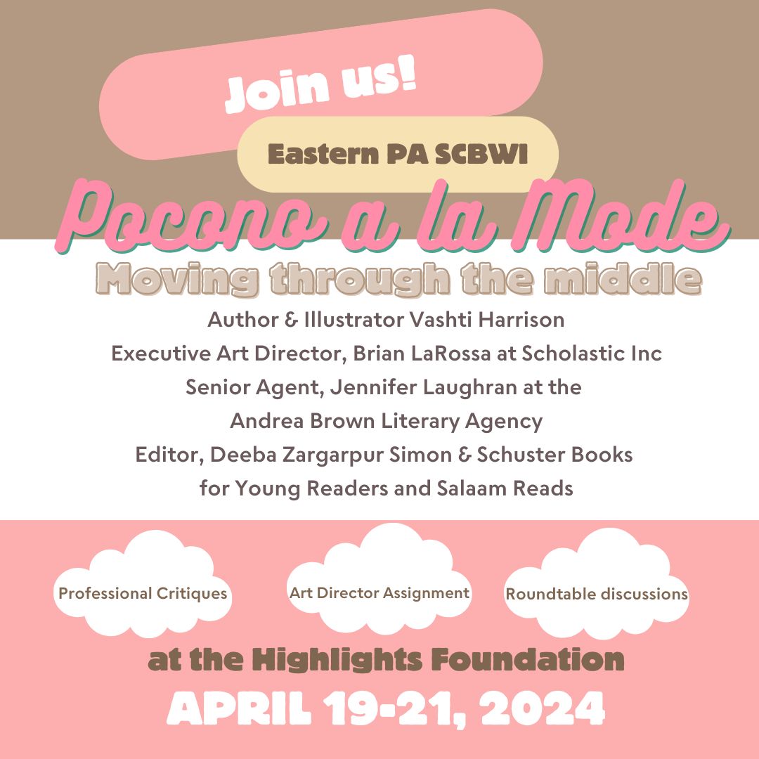 Come join us at our Pocono Retreat! Meet other KidLit creators, learn from the pros, get your work seen! Deadlines approaching for Critique submissions - March 11 Bookstore orders (for books by attending participants) - March 15 Register at scbwi.org/events/pocono-…