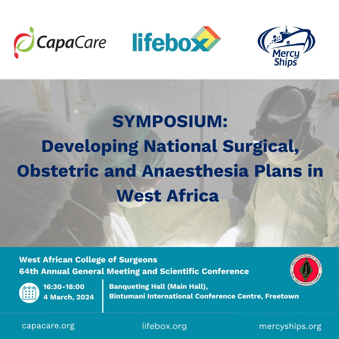 SaferSurgery's tweet photo. Delighted to announce a @CapaCare #Lifebox @MercyShips Symposium on #NSOAP development in West Africa
Please join us on March 4 at the 64th @_WACS_Surgeons Scientific Conference in #SierraLeone
#SaferSurgery #GlobalSurgery https://t.co/5zsVMXyVQw