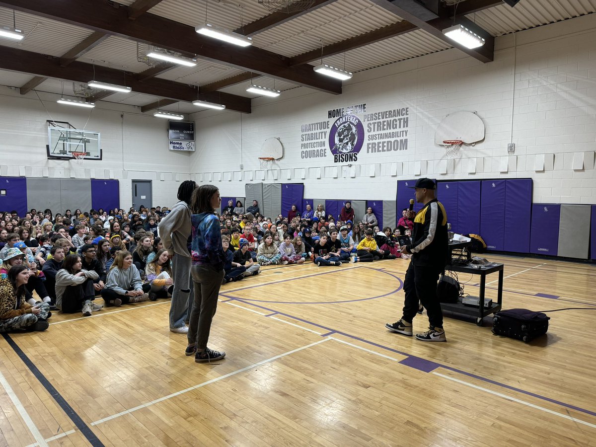 FRO_Bison's tweet photo. Frontenac started Buddy Day off with an inspiring presentation by Duane “D.O.” Gibson. Students learned about Black History Month, demonstrating mutual respect and staying driven. https://t.co/duo22sYSqU