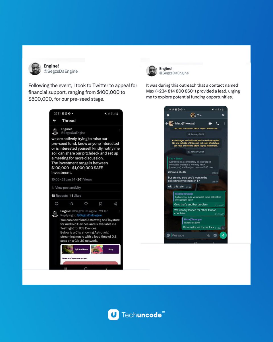 techuncode's tweet image. @astrotwig co-founder solicits help after a potential investor who promised to invest $1million, scammed them $20,000.
Check thread to read his story.
#Techuncode #investment