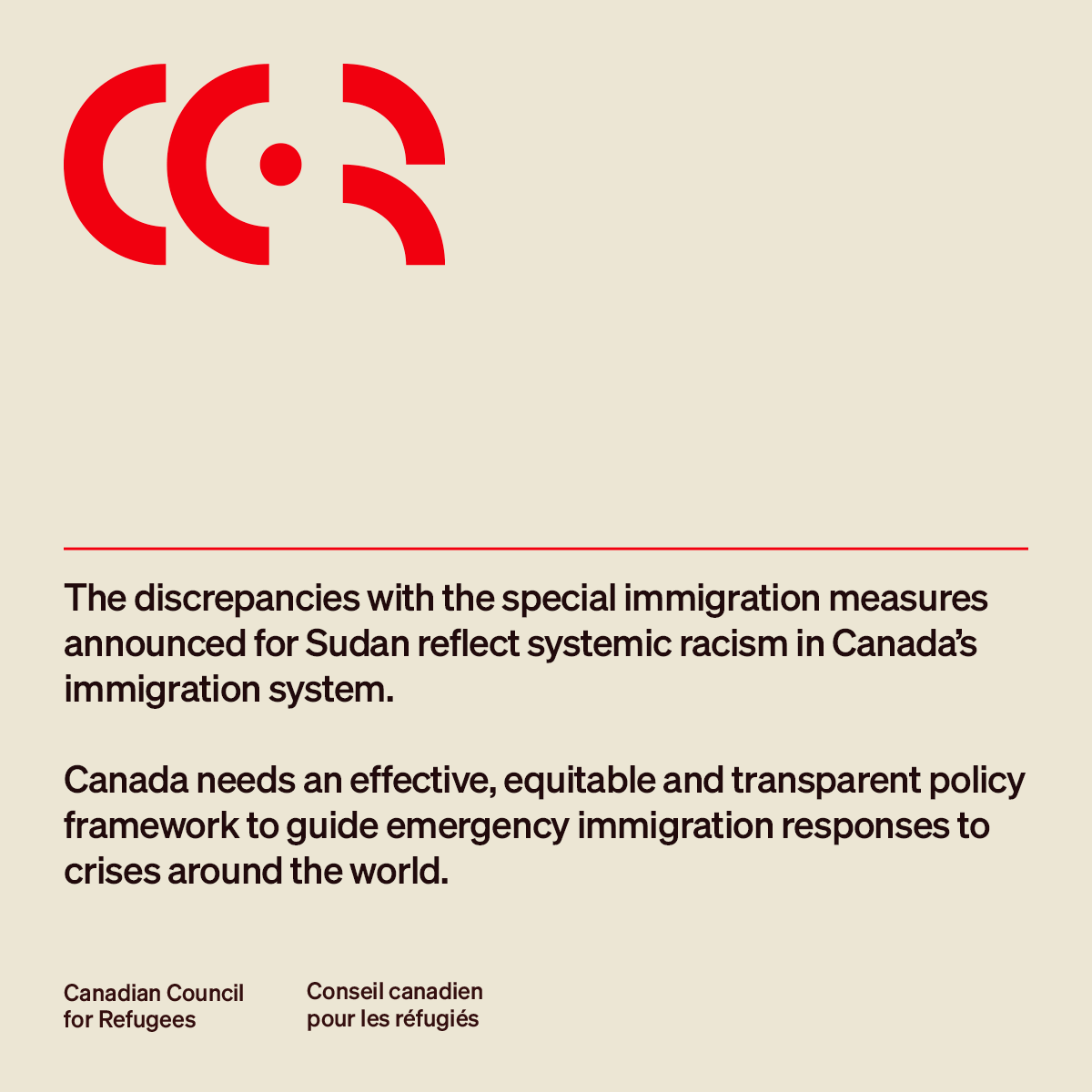 CCR welcomes immigration measures for those affected by the crisis in Sudan, but there are major shortcomings in Canada's response and the inequities are stark. See our response here: tinyurl.com/3d3d2n2f #cdnpoli