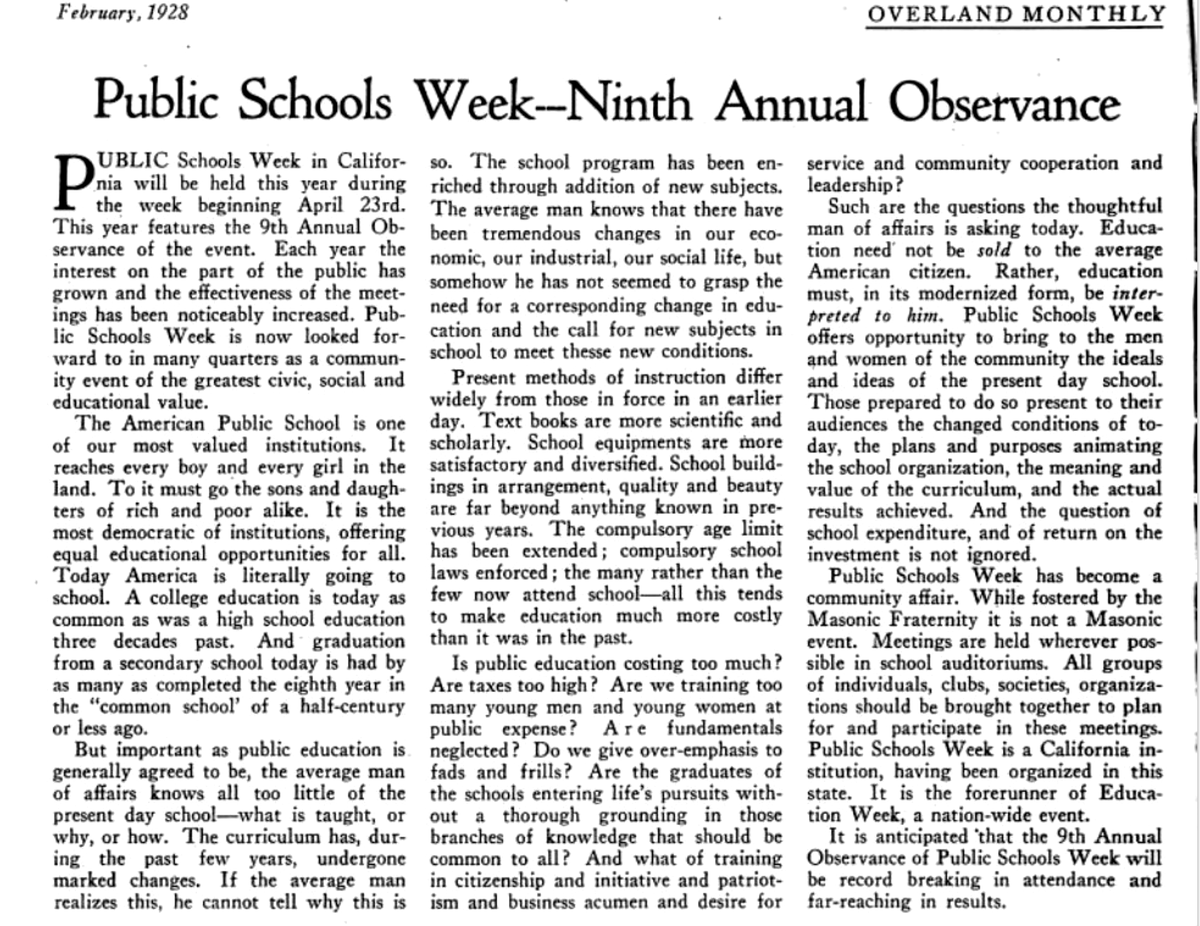 1928: 'The American Public School is one of our most valued institutions. It reaches every boy and every girl in the land. To it must go the sons and daughters of rich and poor alike. It is the most democratic of institutions, offering equal educational opportunities for all.'
