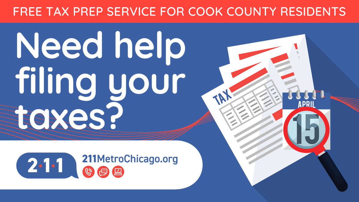 Need help filing your taxes? Contact @211MetroChicago to get connected to free tax prep services through the City of Chicago and @LadderUp. Call 2-1-1, text your zip code to 898-211, or visit 211MetroChicago.org @unitedwaychi @chicagosmayor @cookcountygov #211MetroChicago