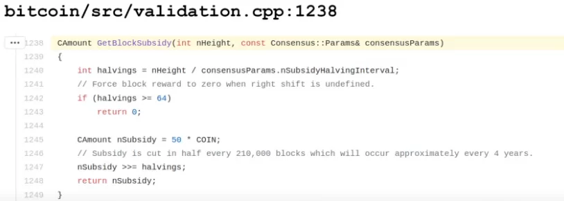 thinkmaverick's tweet photo. ...trends to zero to keep the treasure truly limited.

The Code's Job

The code you see here is like a rulebook for shrinking the reward:

Checks Time: It counts how many blocks miners have found so far. https://t.co/W6JlHVYSBc