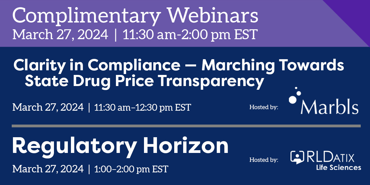 Join us for our Pricing & Contracting Dual Webinar on March 27, 2024, at 11:30 AM EST & 1 PM EST! Marbls will address manufacturing challenges, while RLDatix Life Sciences will discuss key regulatory updates. Click the link below to learn more! spr.ly/6012XMfwr
