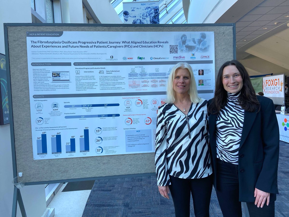PlatformQHealth's tweet photo. We are thrilled to have Alissa Stone & Katie Kowalski present our poster for #RareDiseaseDay at #NIH 2024! See how our #CME program w/ @RareDiseases, @ifopa, & #RBDA reveals the need for FOP #MedEd & the knowledge gaps among providers & caregivers ➡️ https://t.co/xbziyWTYg0 https://t.co/JtgsOlZ69N