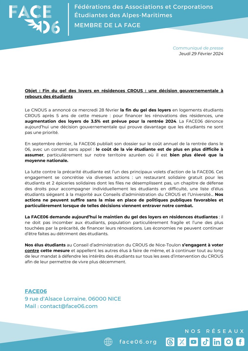La FACE06 dénonce la fin du #geldesloyers en résidences #CROUS annoncée par le CNOUS et les élus étudiants au Conseil d'administration du CROUS Nice-Toulon s'opposeront à cette mesure. La lutte contre la #précarité étudiante est et restera une priorité pour la FACE06.