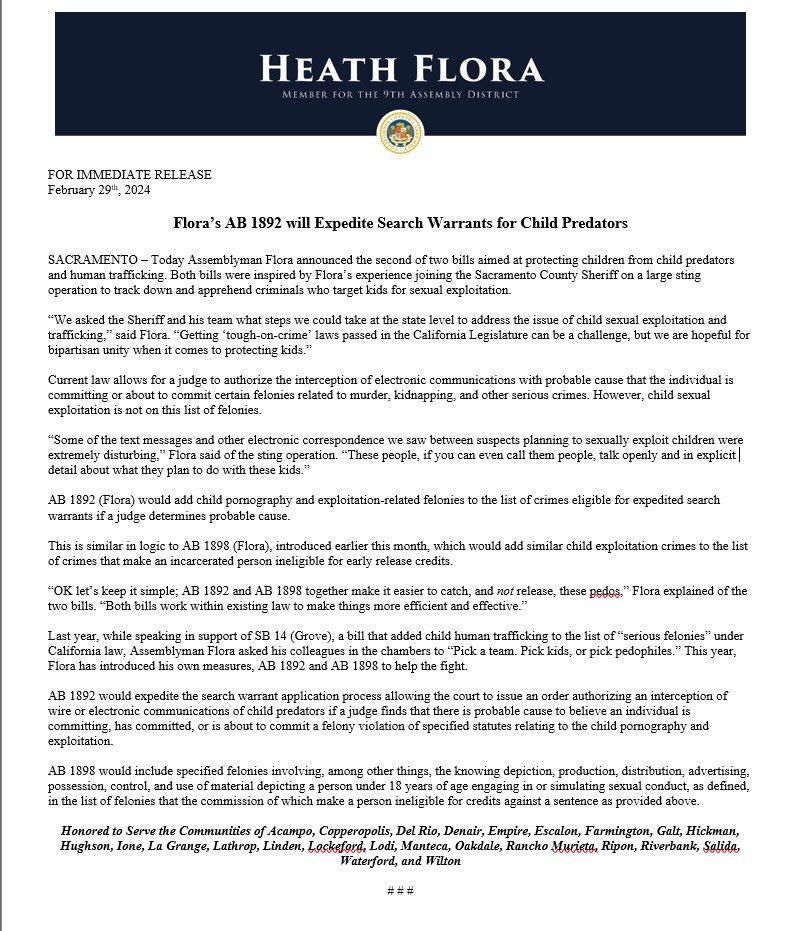 Introduced the second bill in a two-bill effort to make it easier to catch and NOT release predators that prey on our kids. AB 1892 streamlines the search warrant process for catching child predators, and AB 1898 makes them ineligible for early release credits.