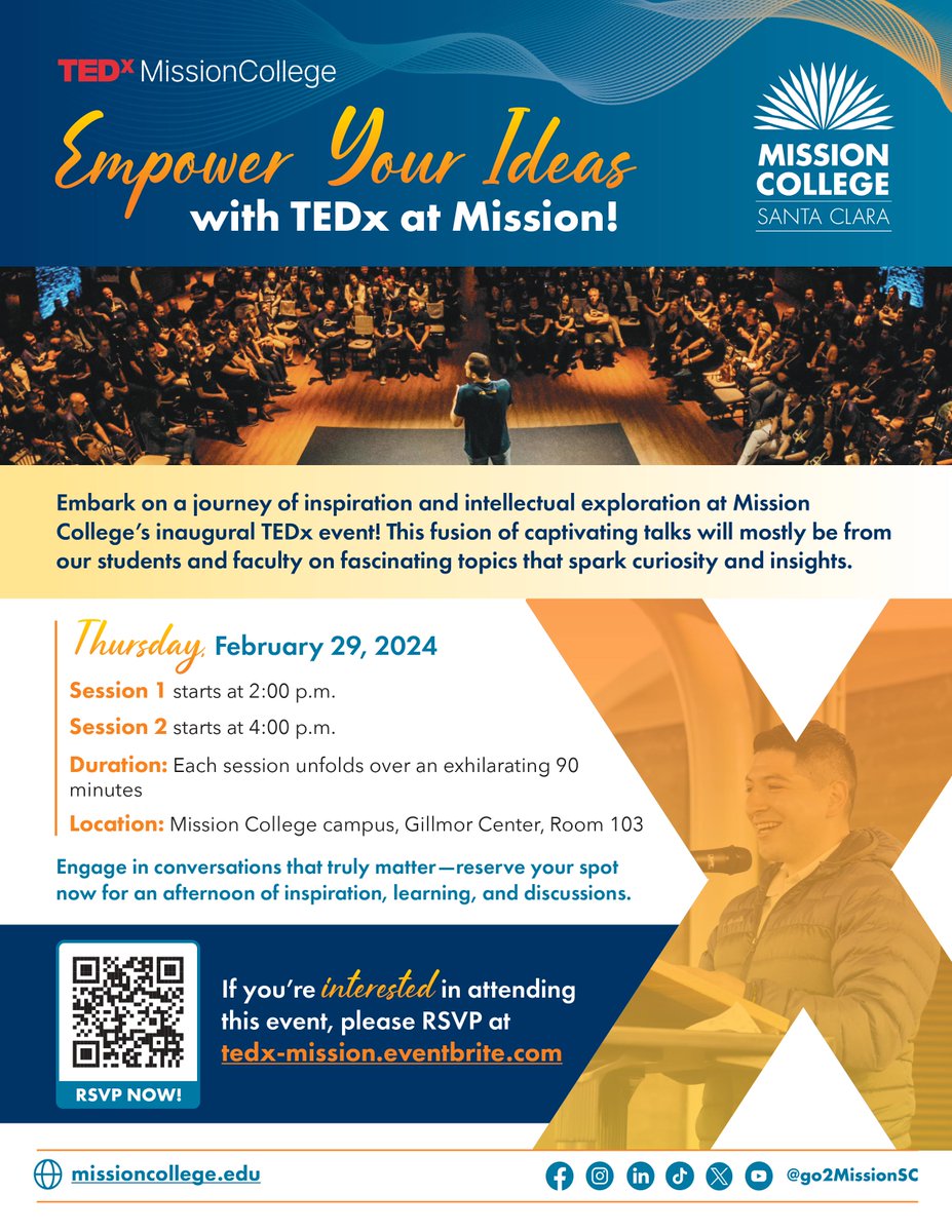 We are very excited for our inaugural TEDxMissionCollege event today, Feb. 29. This extraordinary event provides an exclusive platform for our diverse community of students and employees to share their innovative ideas and perspectives. Learn more: missioncollege.edu/news/mission-d…