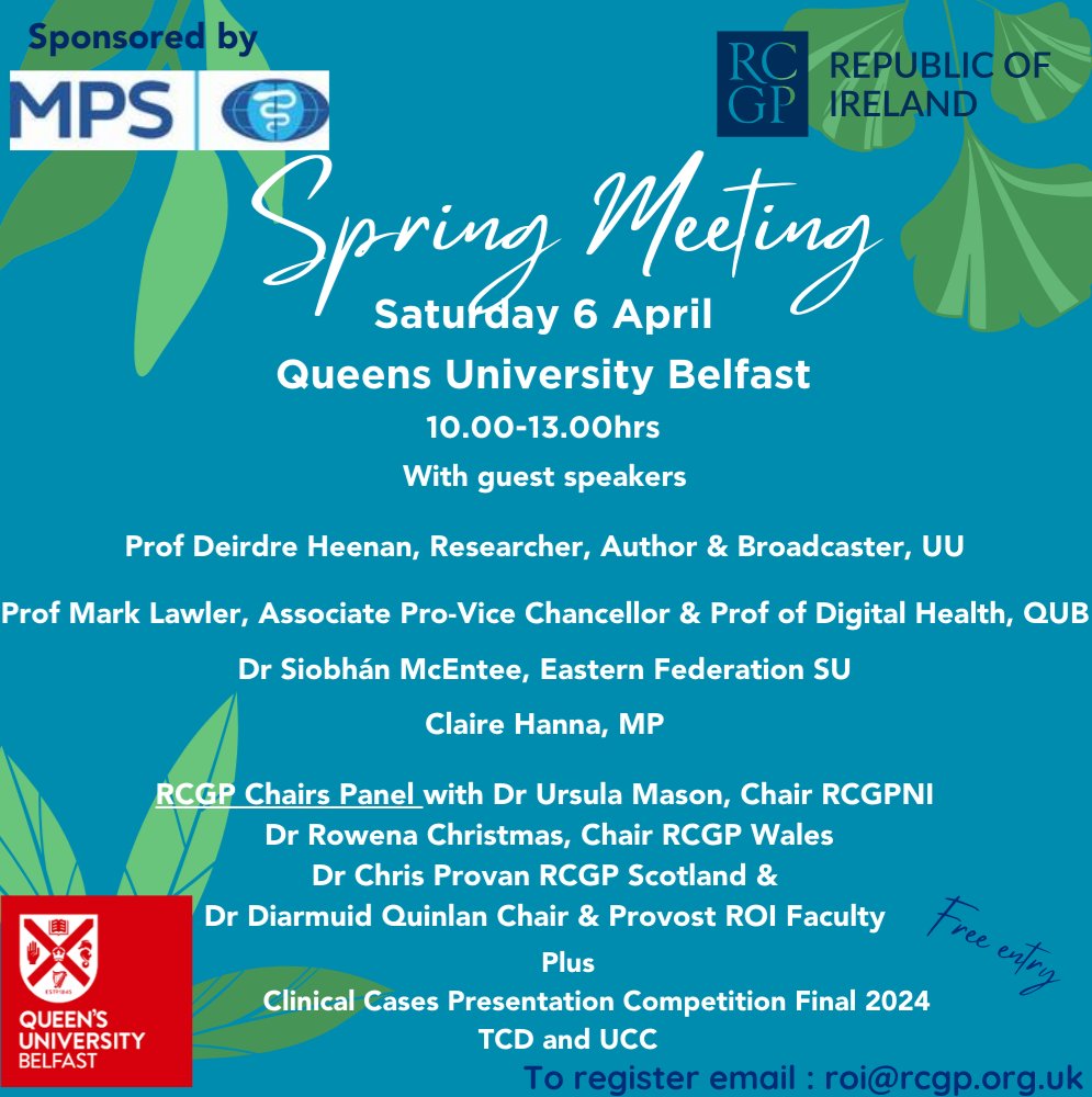 Rebecca McGinley (@drbmcg) on Twitter photo More fabulous speakers announced for the <a href="/RCGP_RoI/">RCGP Republic of Ireland Faculty ๐ฎ๐ช</a> spring meeting in QUB on 6th April. Looking forward to a great morning with a celtic fringe theme.
Email roi<a href="/rcgp/">Royal College of General Practitioners</a>.org.uk to register for FREE
@rcgp <a href="/rcgp_ni/">RCGPNI</a> More fabulous speakers announced for the <a href="/RCGP_RoI/">RCGP Republic of Ireland Faculty ๐ฎ๐ช</a> spring meeting in QUB on 6th April. Looking forward to a great morning with a celtic fringe theme.
Email roi<a href="/rcgp/">Royal College of General Practitioners</a>.org.uk to register for FREE
@rcgp <a href="/rcgp_ni/">RCGPNI</a>