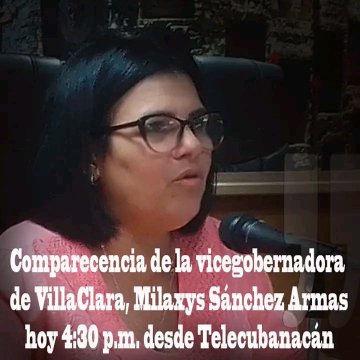 Este jueves a las 4 y 30 PM por @TLcubanacan y @radiocmhw comparecencia especial de la Vicegobernadora @MilaxyA para dialogar sobre el proceso de rendición de cuenta del Gobierno de #VillaClara ante la @AsambleaCuba 🇨🇺 #VillaClaraConTodos #YoRindoCuenta #JuntosPorVillaClara