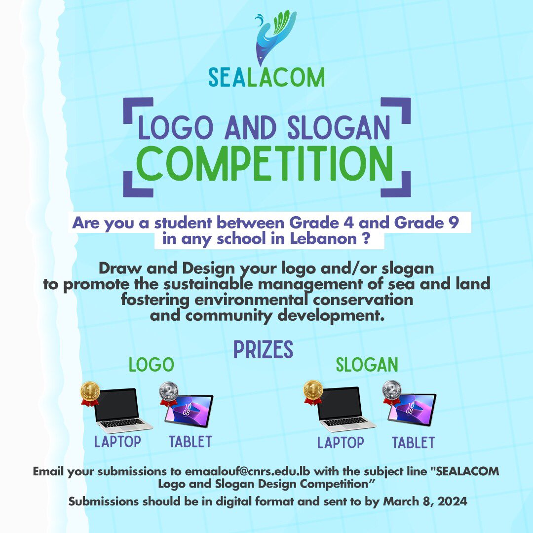 🎨 Are you a student with a passion for design? 🏆Enter our competition to craft the perfect logo and slogan to promote #sustainablemanagement of sea and land!♻️ #sealacom @aics_it @CIHEAMBari @tamara_elzein @DrChadiAbdallah @ImaneABBAS01 @GhalebFaour @LebaneseNatCom
