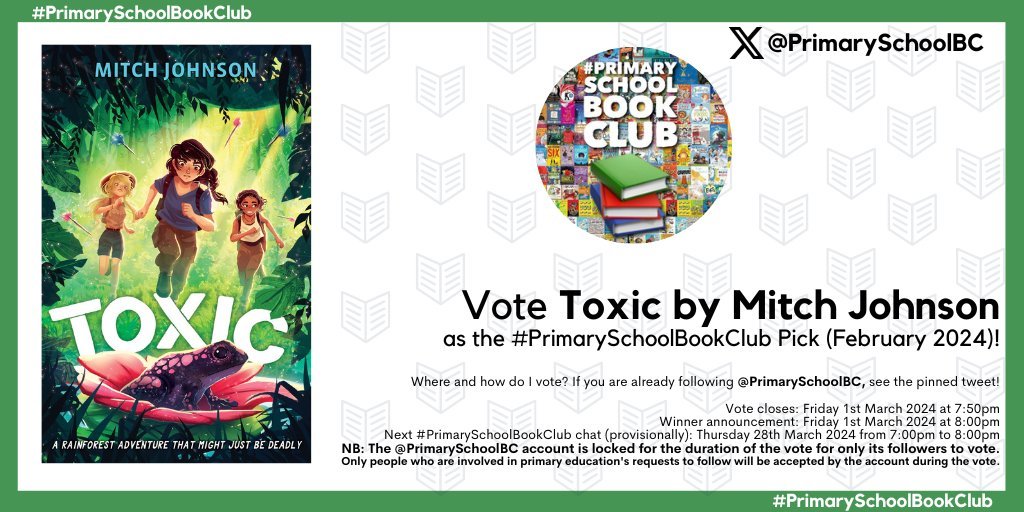 Toxic has been included in the #PrimarySchoolBookClub February 2024 vote this evening! If you want to hear more about frogs, immortality, rainforests and ruthless billionaires, head to @PrimarySchoolBC and vote for Toxic using the pinned tweet. Thank you!